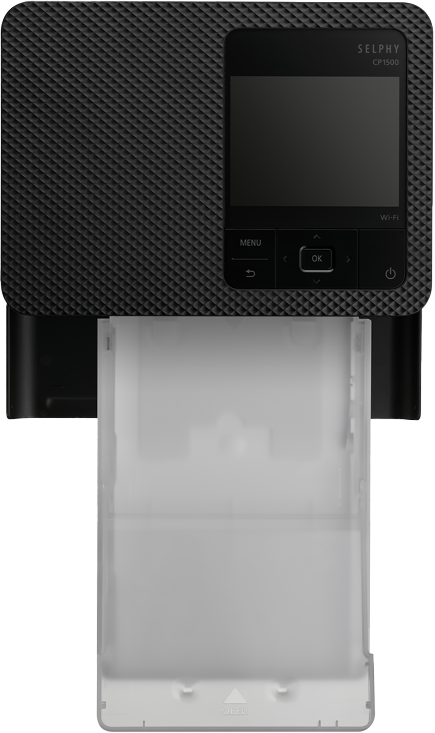 Ein schwarzer Selphy CP1500 Drucker mit Papierschale, Bildschirm und Bedientasten.