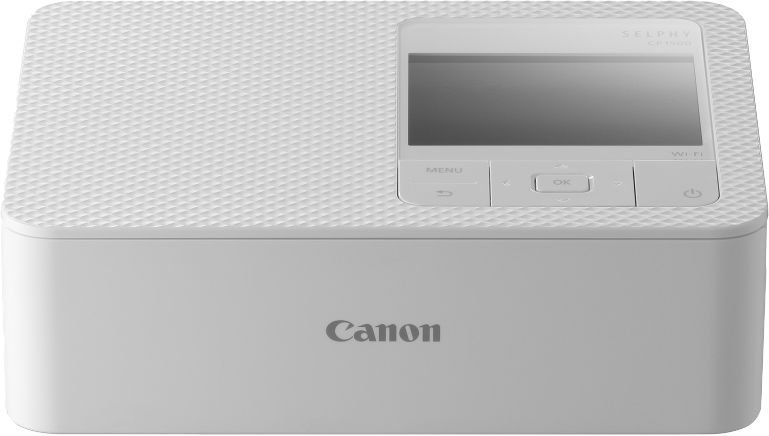 Weißer Canon Selphy CP1500 Drucker mit Bildschirm und Steuertasten.