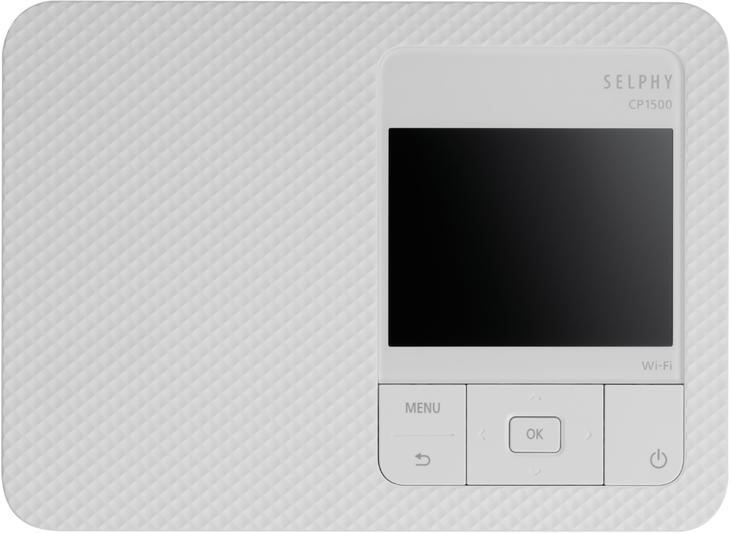 Weißer Selphy CP1500 Drucker. Ein digitaler Bildschirm und Bedienelemente sind sichtbar.