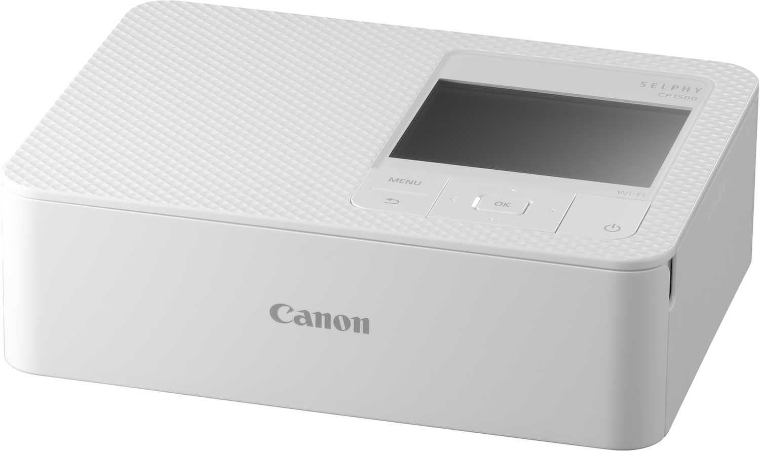 Weißer Canon Selphy CP1500 Drucker. Schräge Ansicht mit Bildschirm und Knöpfen.