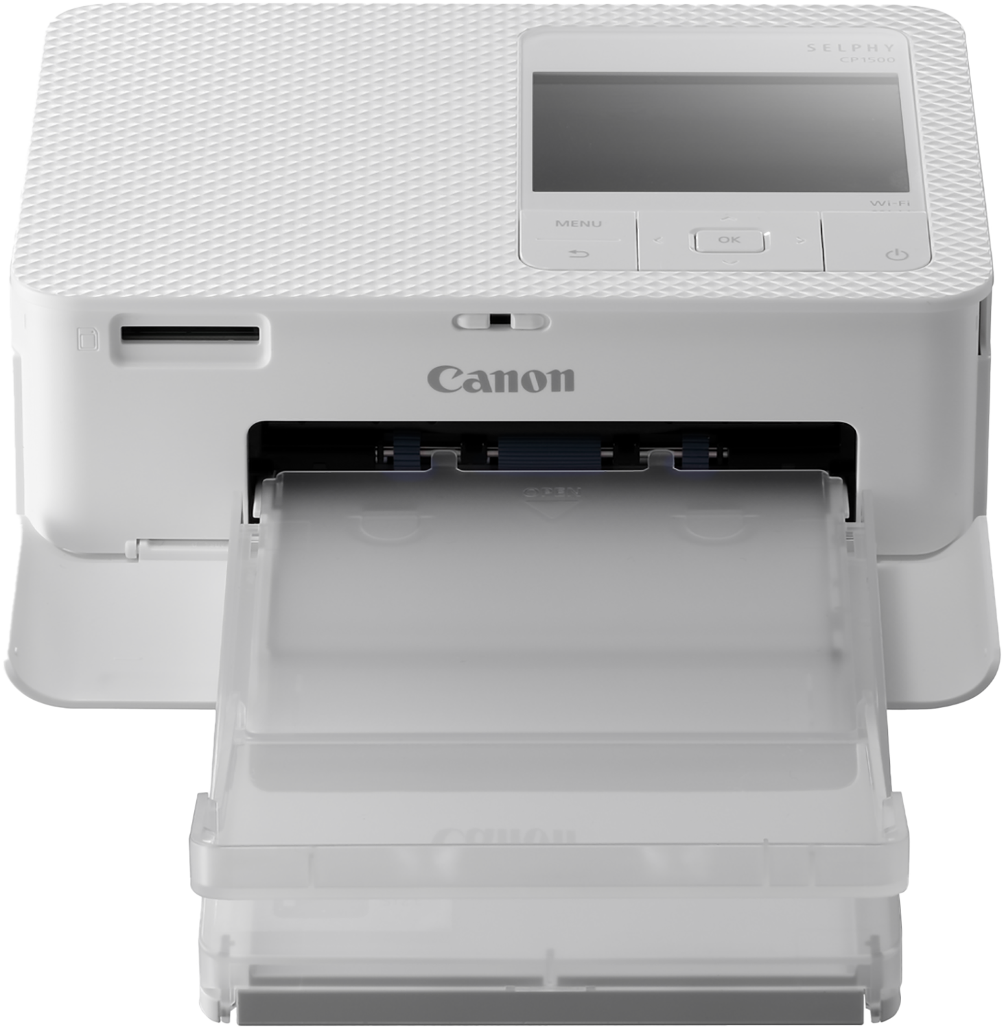 Weißer Canon SELPHY-Drucker mit Display und ausgefahrenem Papierfach.