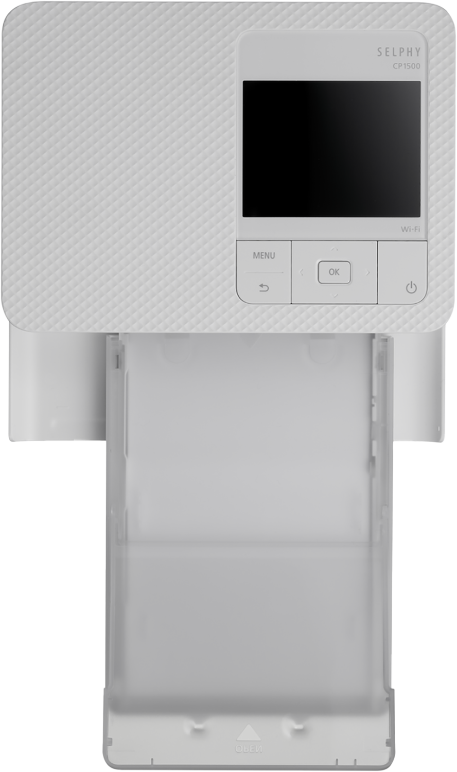 Weißer Canon Selphy CP1500 Drucker. Zeigt die Vorderseite mit Bildschirm, Tasten und Papierfach.