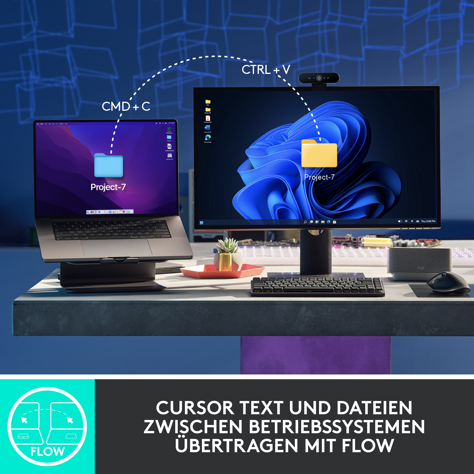 Ein Laptop und Monitor auf einem Schreibtisch mit Verbindungslinien.