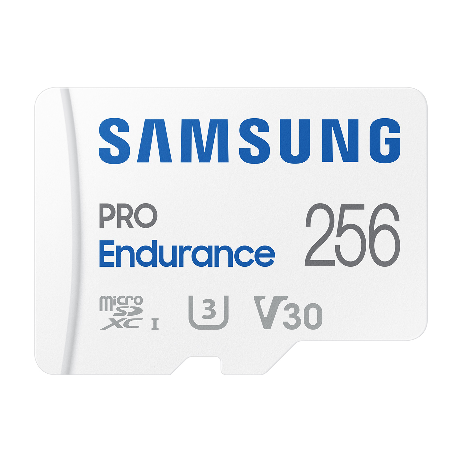 Una scheda microSD bianca con testo blu. La scheda indica 'SAMSUNG PRO Endurance 256'.
