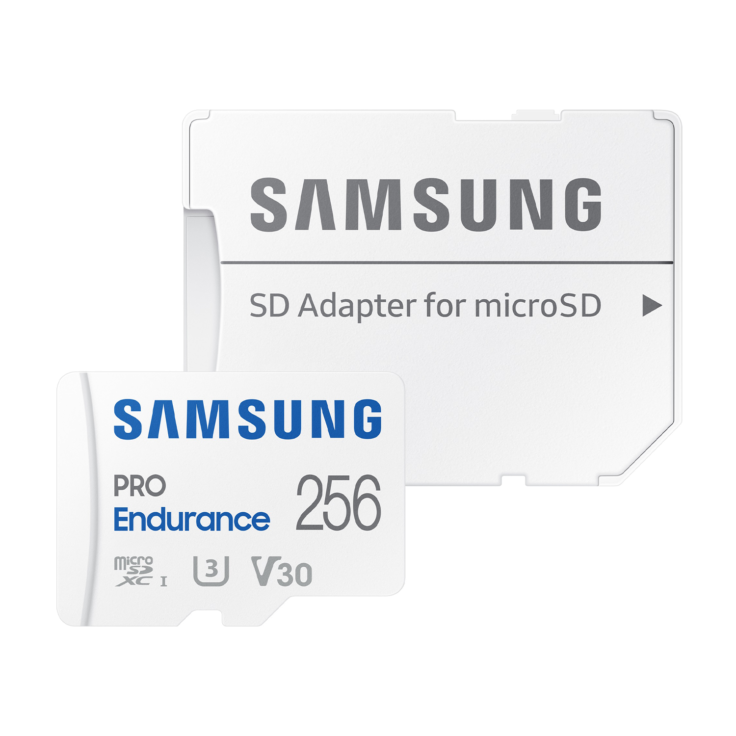 Un adattatore SD Samsung e una scheda microSD. L'adattatore ha il logo Samsung e il testo dell'adattatore SD.