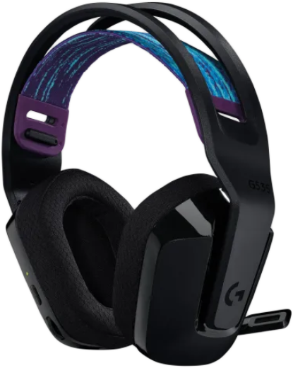 Fekete-lila gamer headset. A headset nagyméretű fülkagylókkal és mikrofonnal rendelkezik.