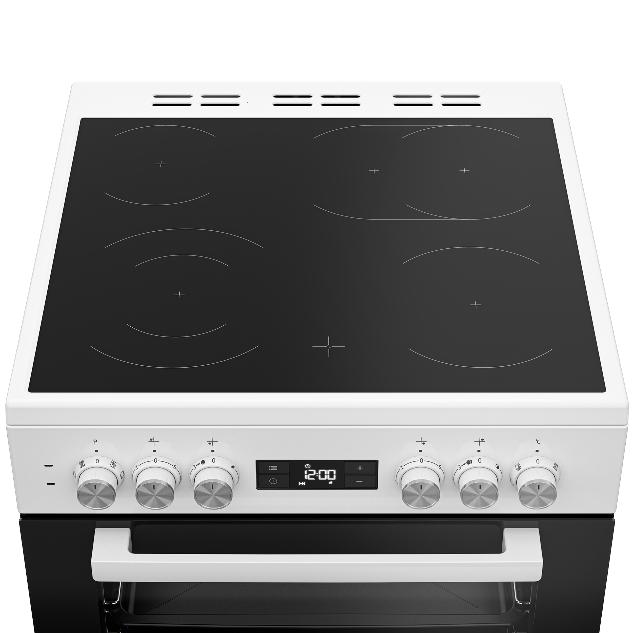 Weißer Elektroherd mit schwarzem Kochfeld und Backofen darunter. Knöpfe und eine Digitaluhr sind sichtbar.