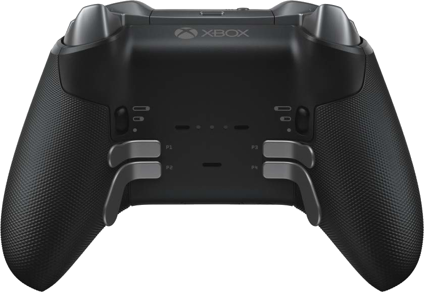 Fekete Xbox kontroller hátulja. Xbox logó, négy lapátgomb, texturált markolat a jobb fogásért.