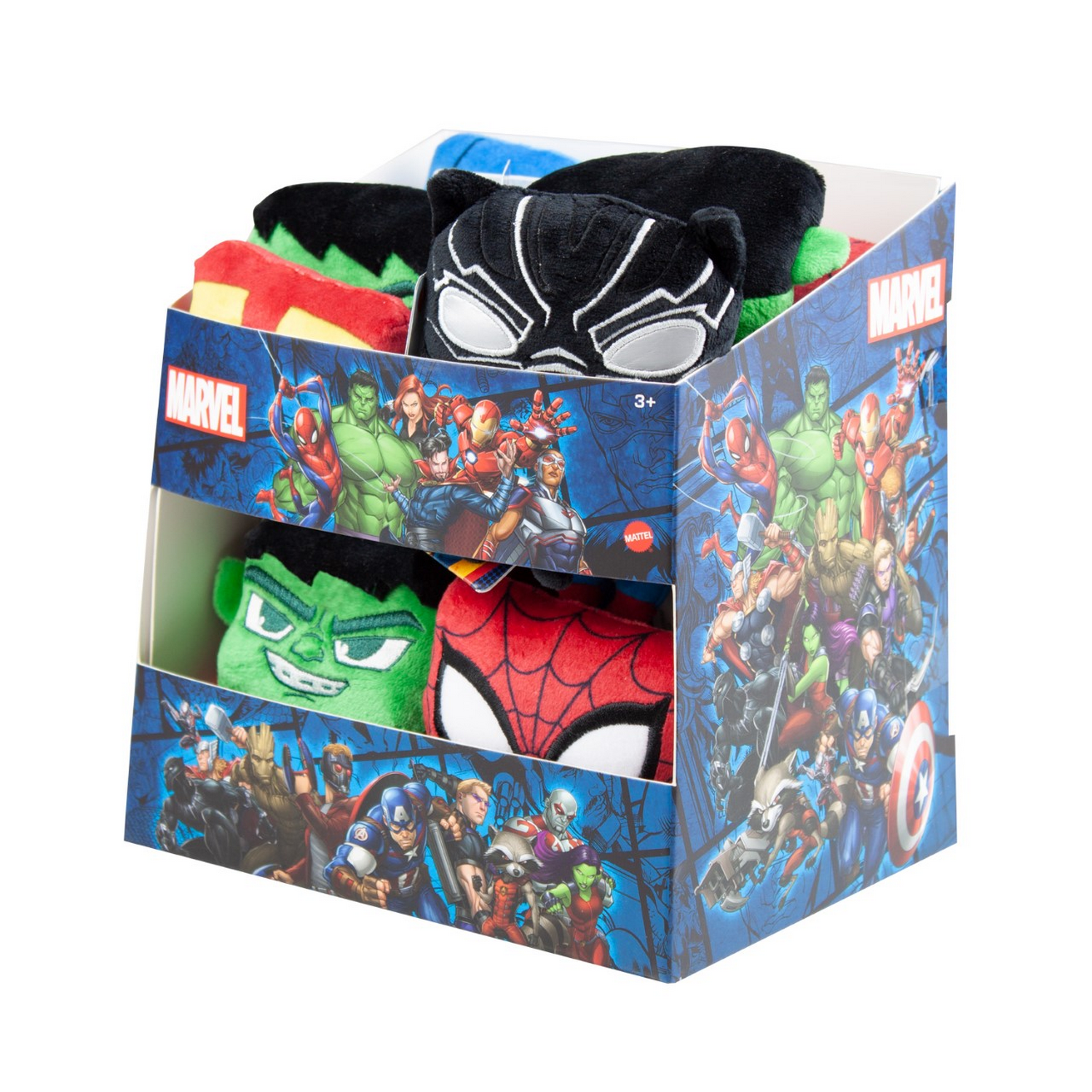 Juguetes de peluche Marvel en una caja expositora, con Hulk, Spiderman y Black Panther.