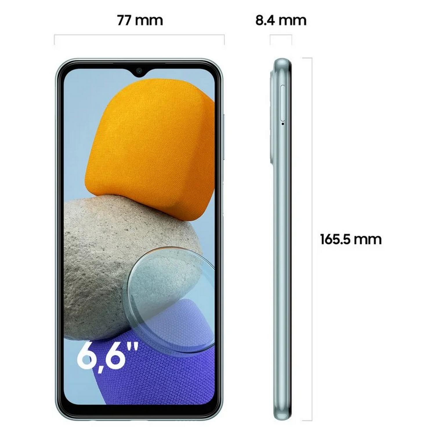 Un smartphone que muestra la pantalla y la vista lateral con sus dimensiones en mm y el tamaño de pantalla.