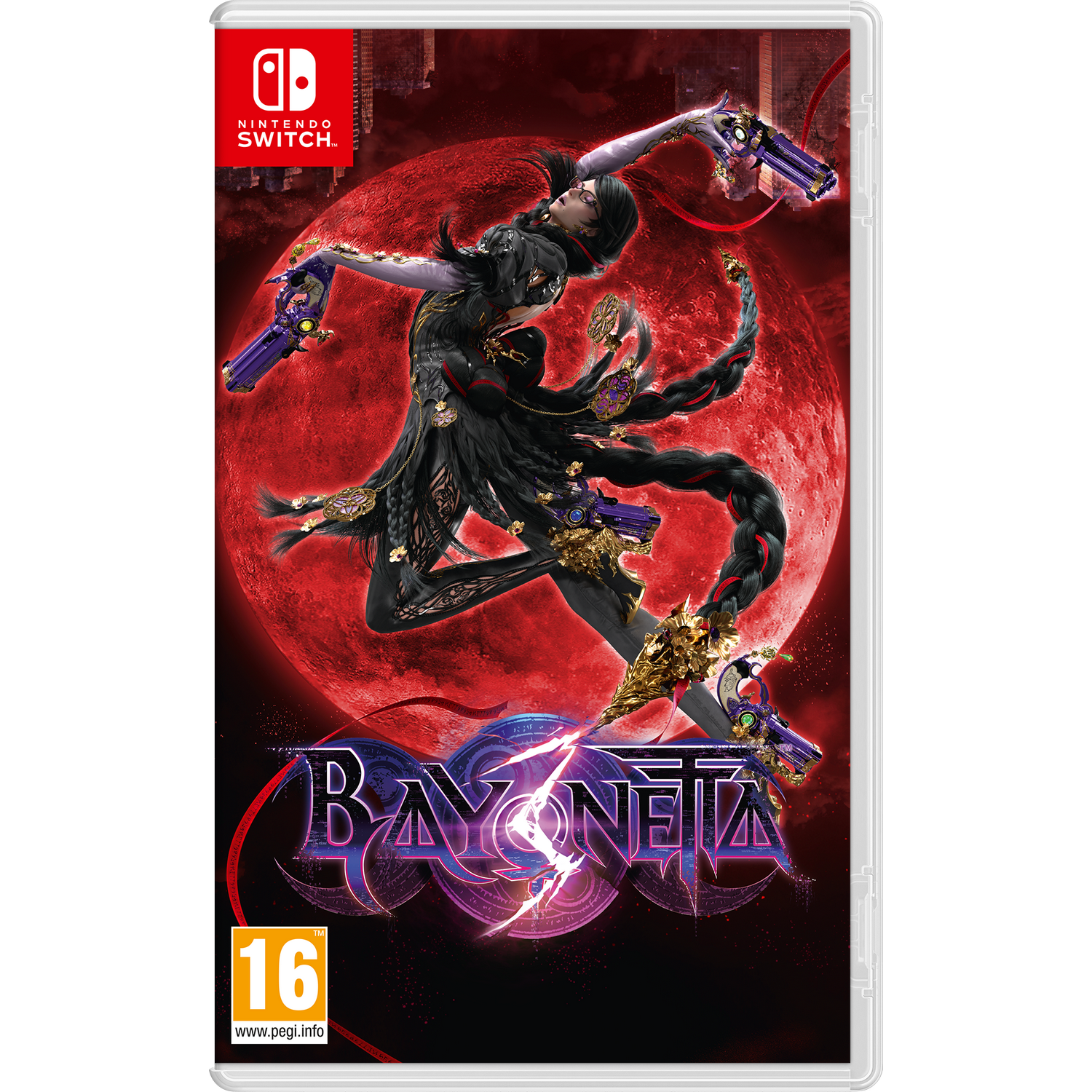 Caja de juego de Nintendo Switch para Bayonetta 3. Una mujer con armas posa frente a una luna roja.