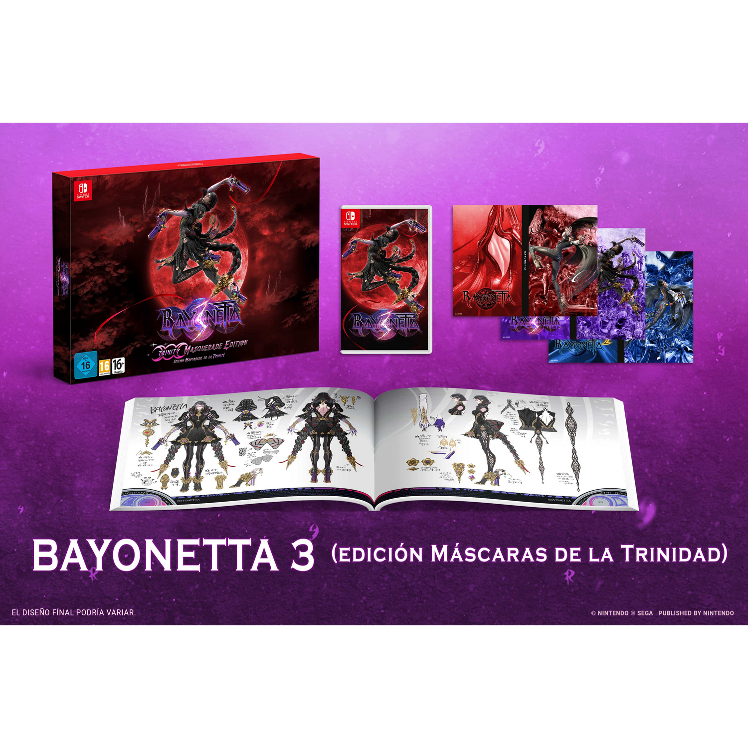 Set de caja del juego Bayonetta 3. Caja roja, cartucho del juego, libro de arte e ilustraciones.