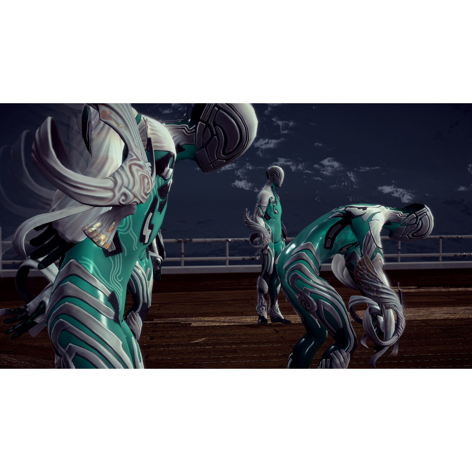 Tres figuras con trajes verdes futuristas en un entorno oscuro. Cielo nocturno.