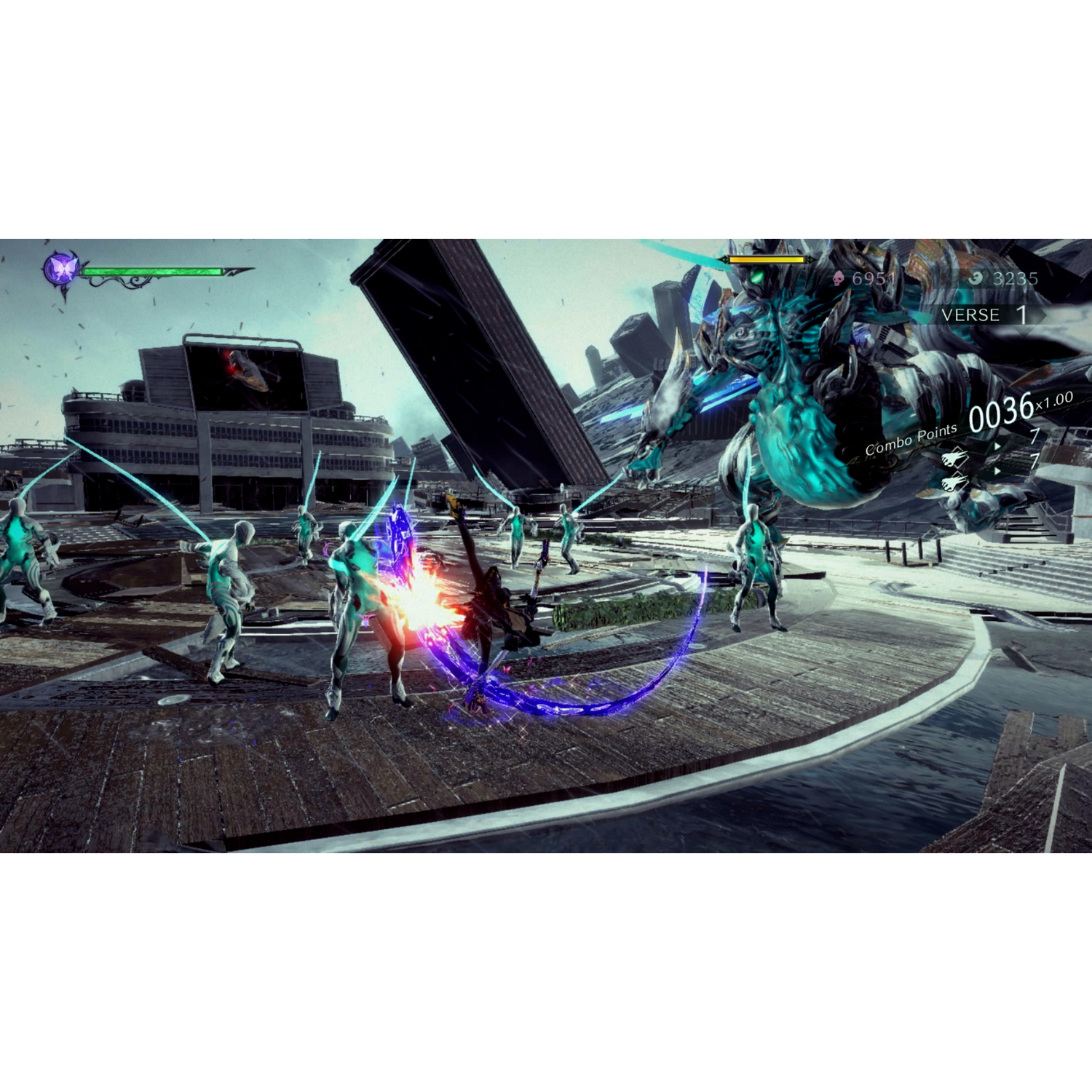 Escena de videojuego con un personaje luchando contra enemigos. Figuras azules y blancas, escena de acción.
