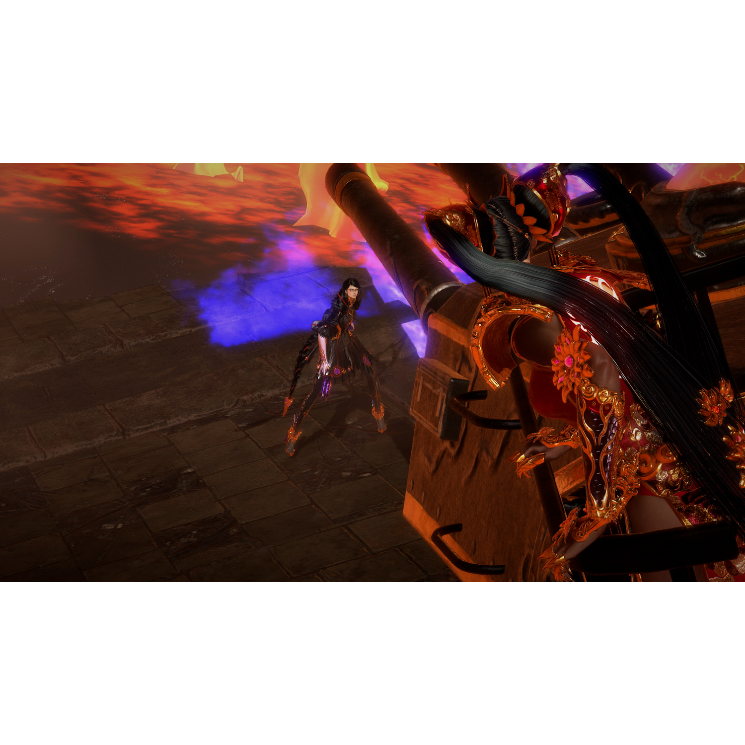 Escena de videojuego con una mujer empuñando un arma, luchando contra un fondo de fuego. Explosión visible.