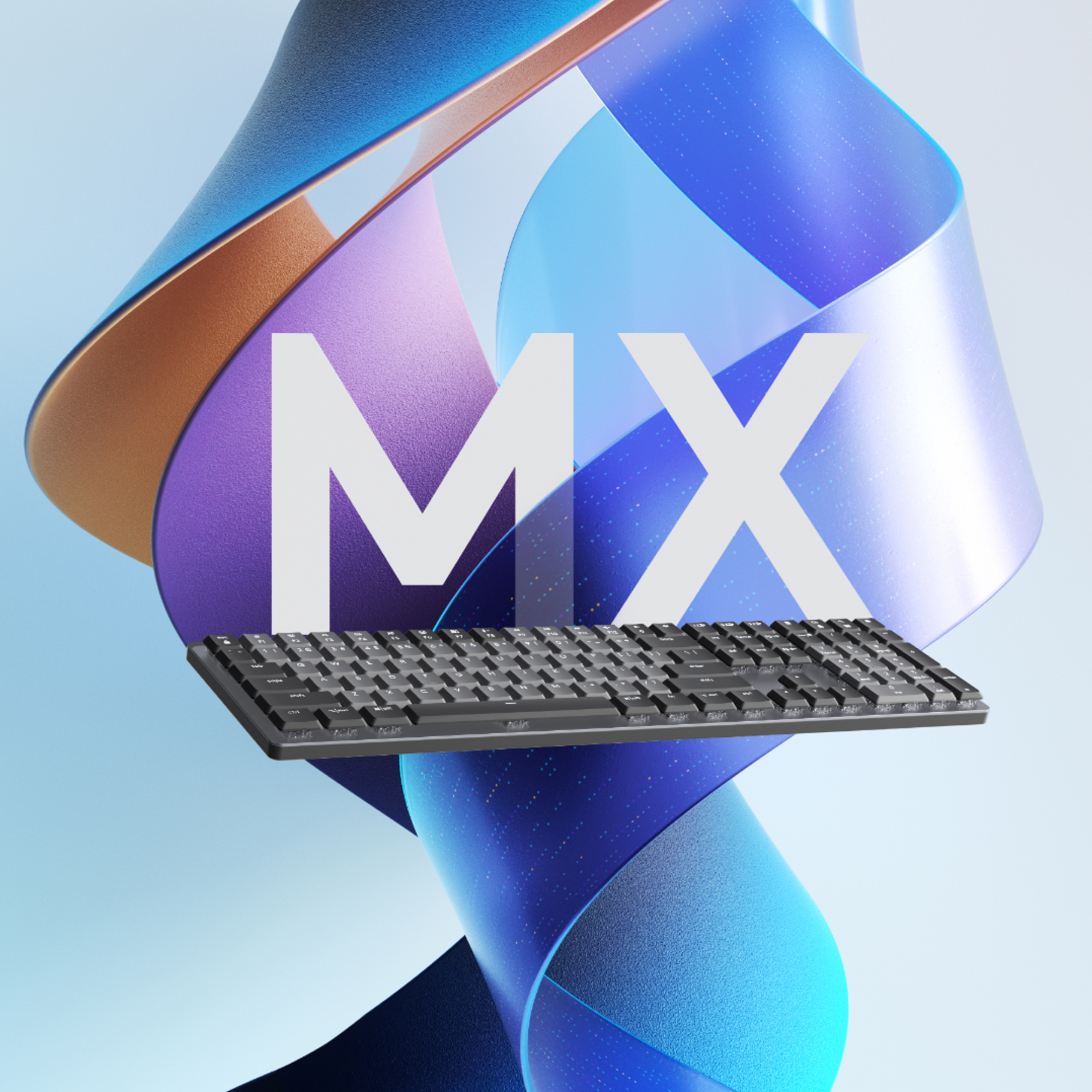 Schwarze Tastatur mit dem Wort 'MX' in Weiß darüber, vor blau-lila Hintergrund.