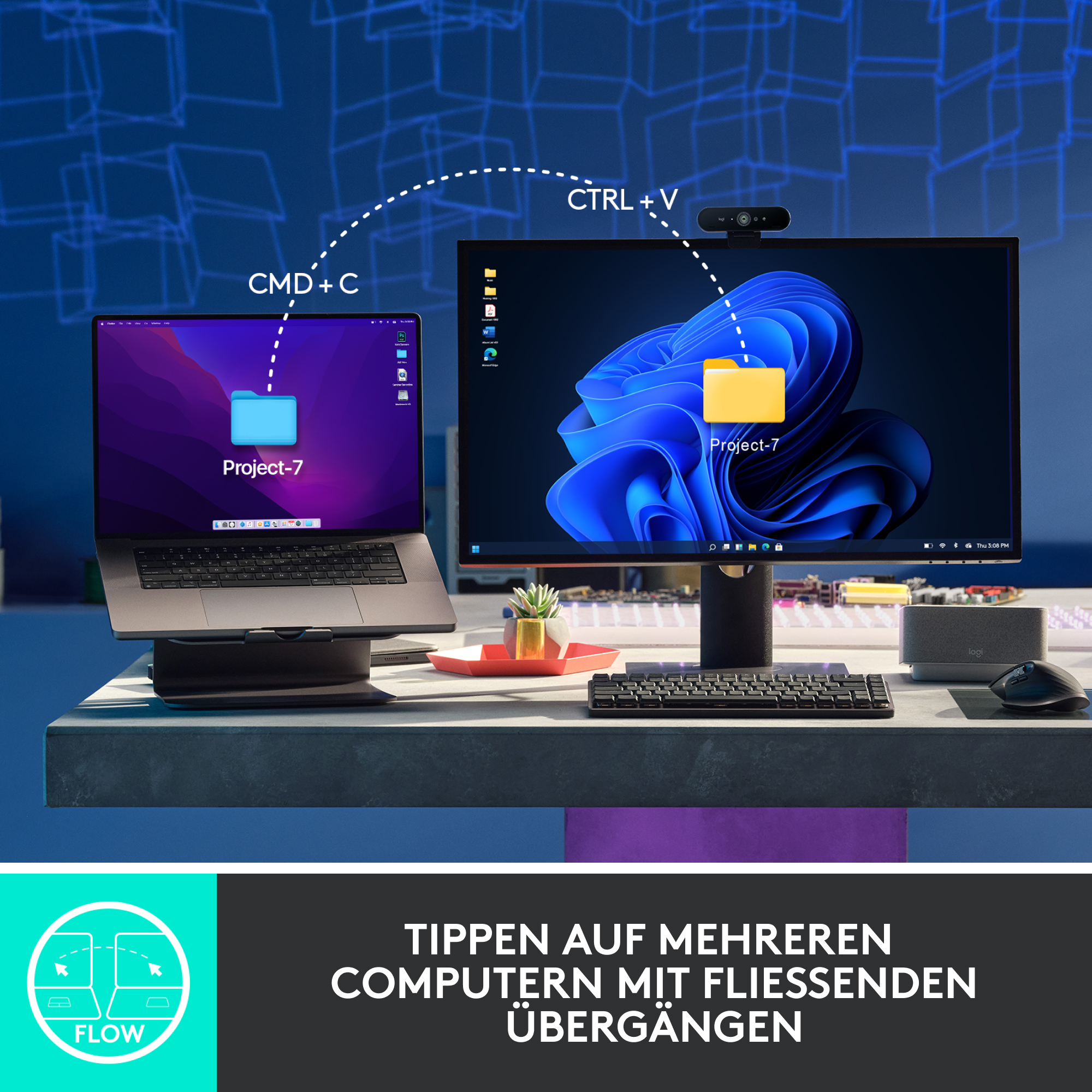 Zwei Bildschirme, die einen Laptop und einen Monitor mit einem Schreibtisch-Setup zeigen. Der Laptop zeigt eine Datei namens Projekt-7.