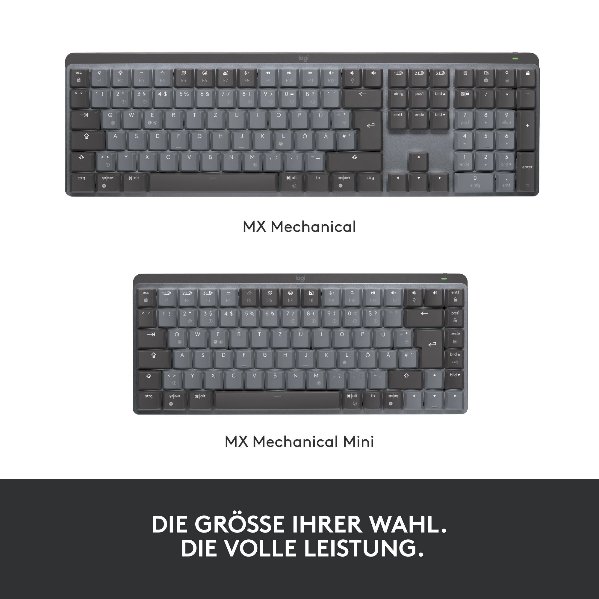 Zwei Tastaturen mit der Bezeichnung 'MX Mechanical' und 'MX Mechanical Mini' auf grauem Hintergrund.