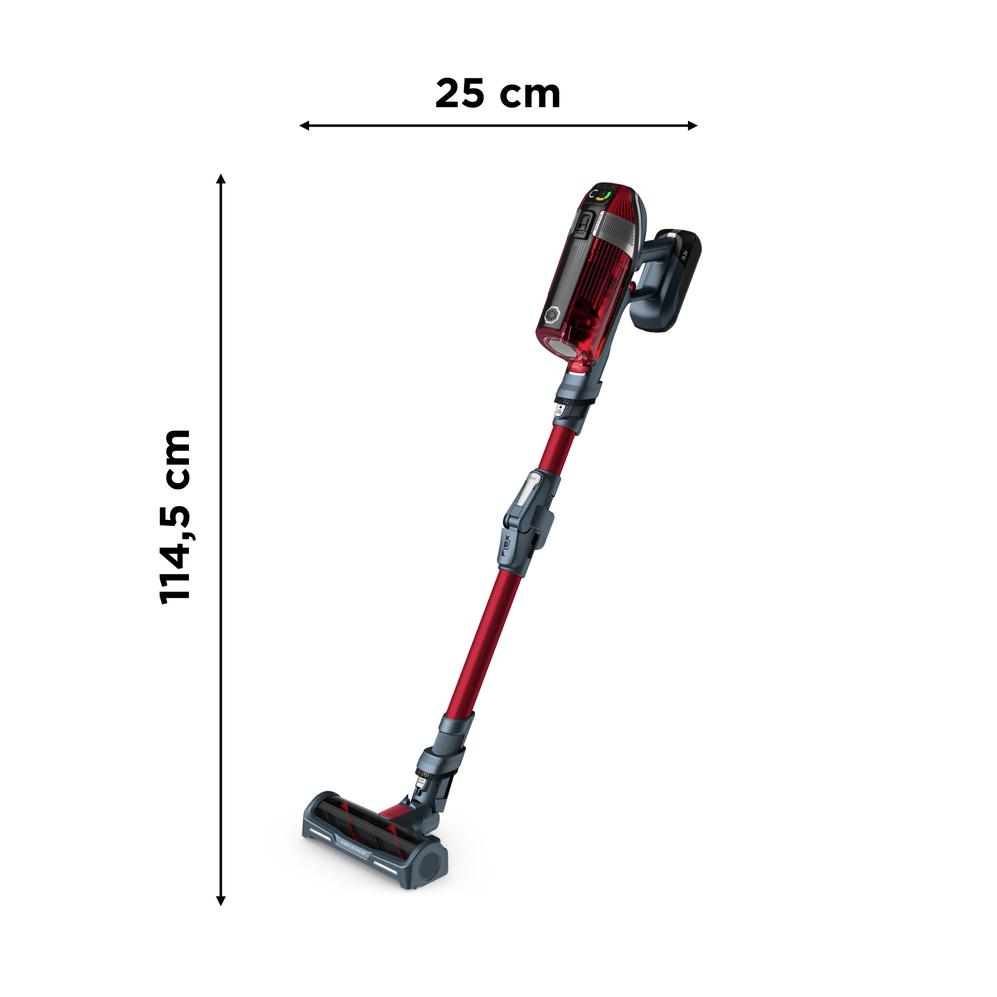 Una aspiradora inalámbrica roja y negra. Las dimensiones son 114,5 cm de largo y 25 cm de ancho.