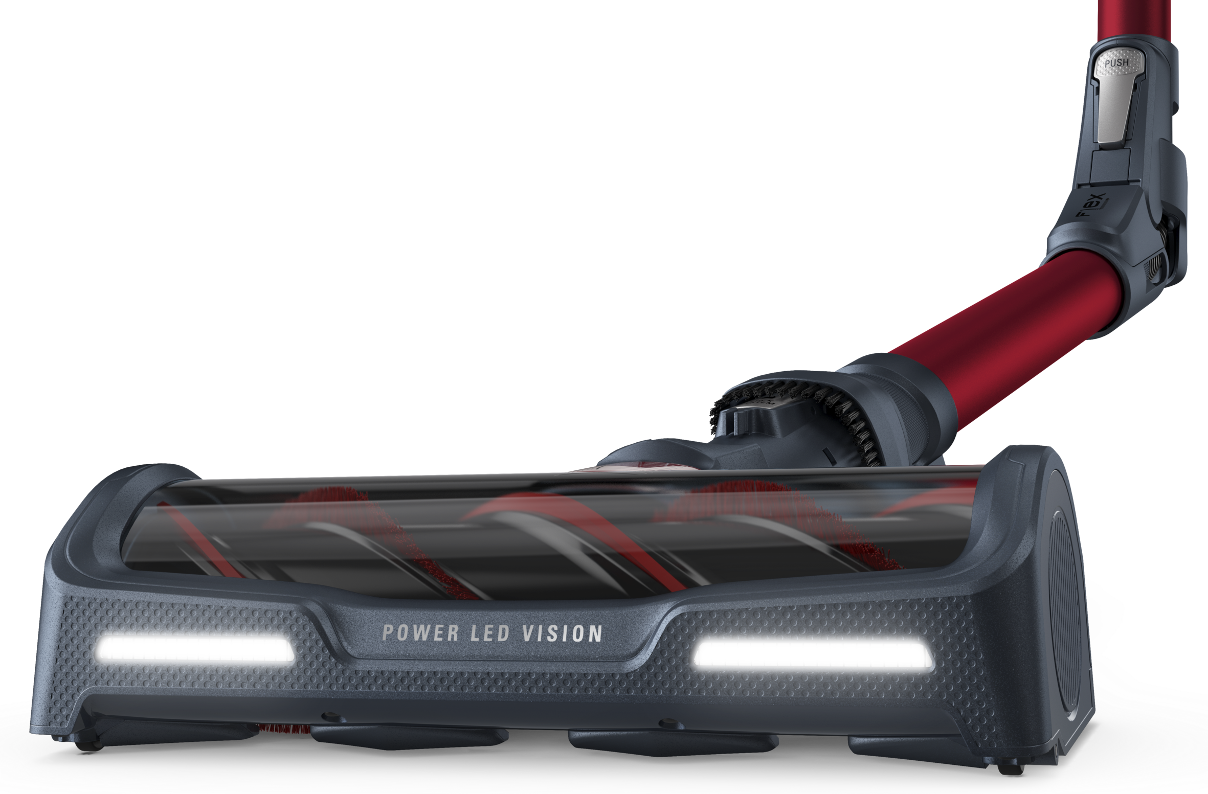 Cabezal de aspiradora rojo y gris con luces Power LED Vision encendidas.