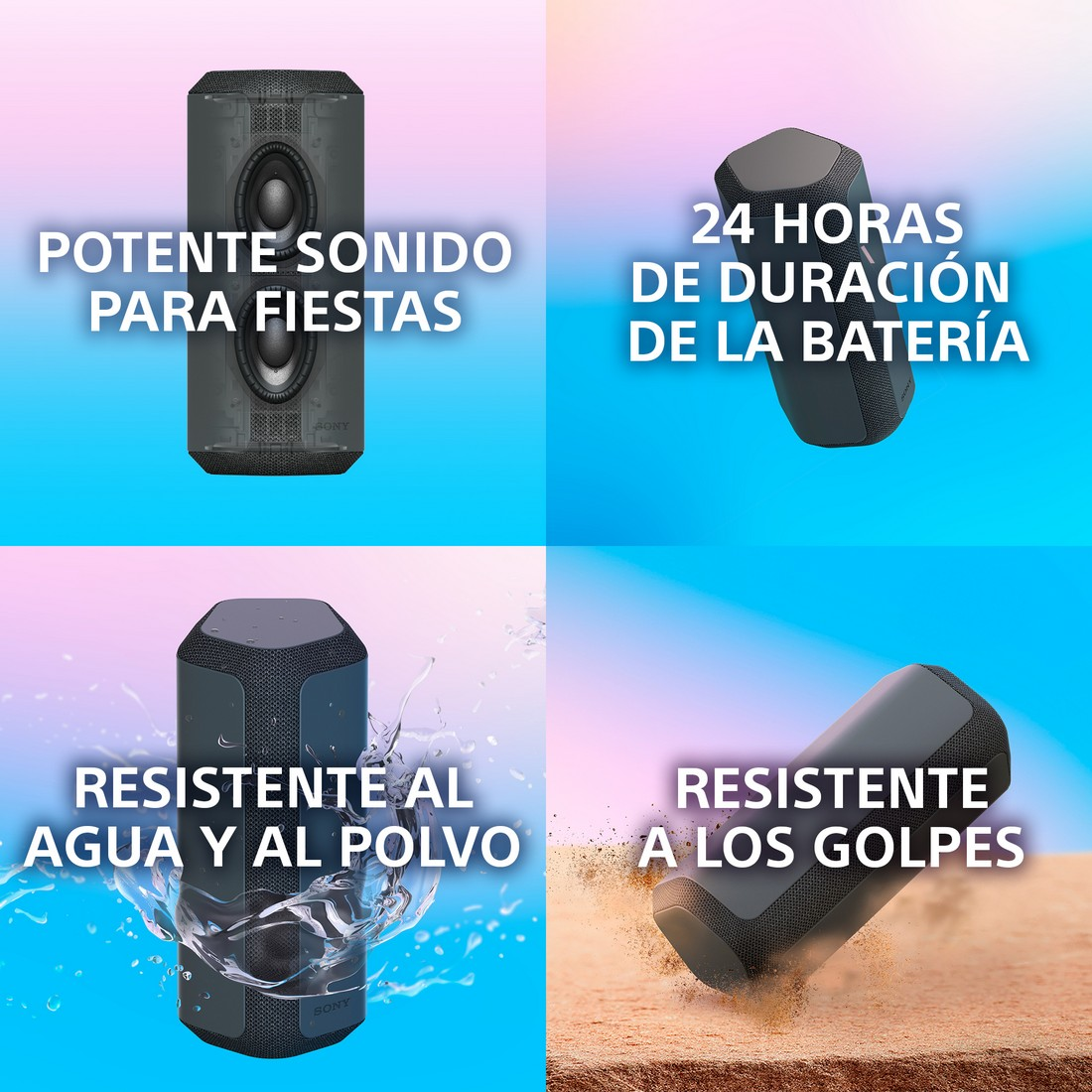 Cuatro imágenes de un altavoz portátil negro. El texto dice sonido potente, 24 horas de batería.