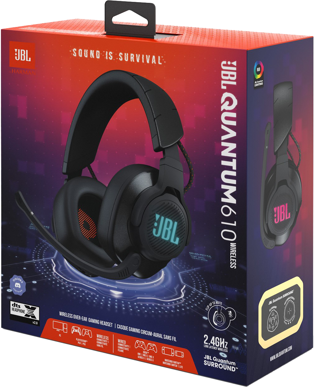 Doos met JBL Quantum 610 draadloze hoofdtelefoon. Het toont een headset en de doos heeft tekst en afbeeldingen over het product.