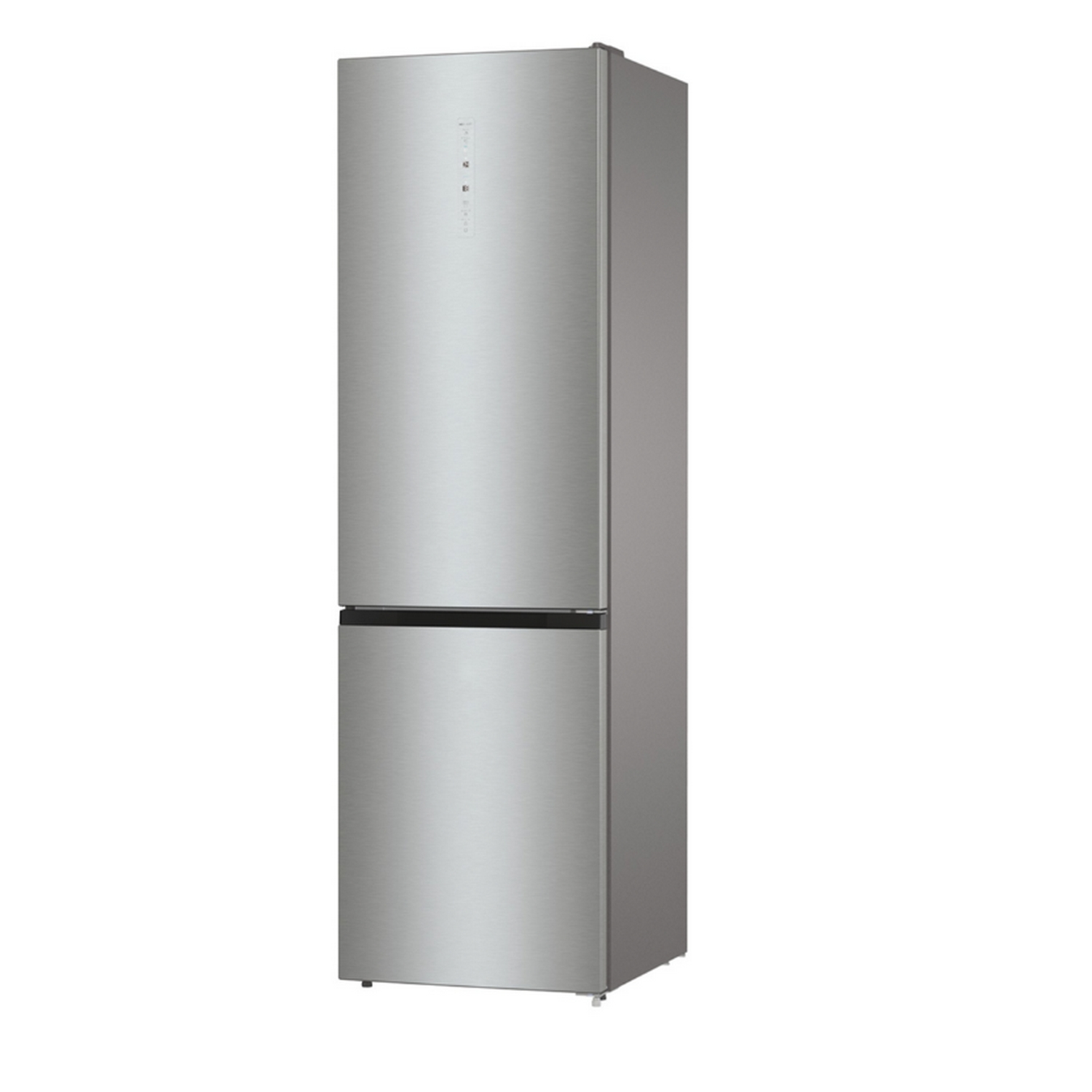 Un refrigerador de acero inoxidable con congelador inferior, de pie sobre un suelo blanco.