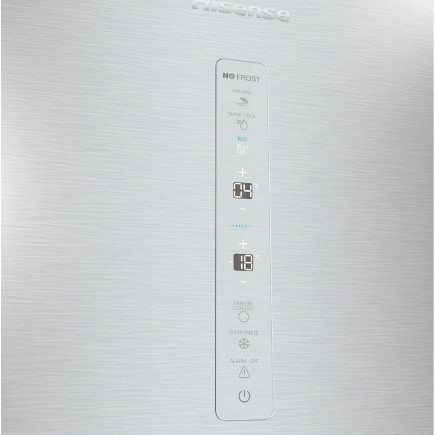 Un panel de control de un refrigerador blanco con pantallas digitales y botones.