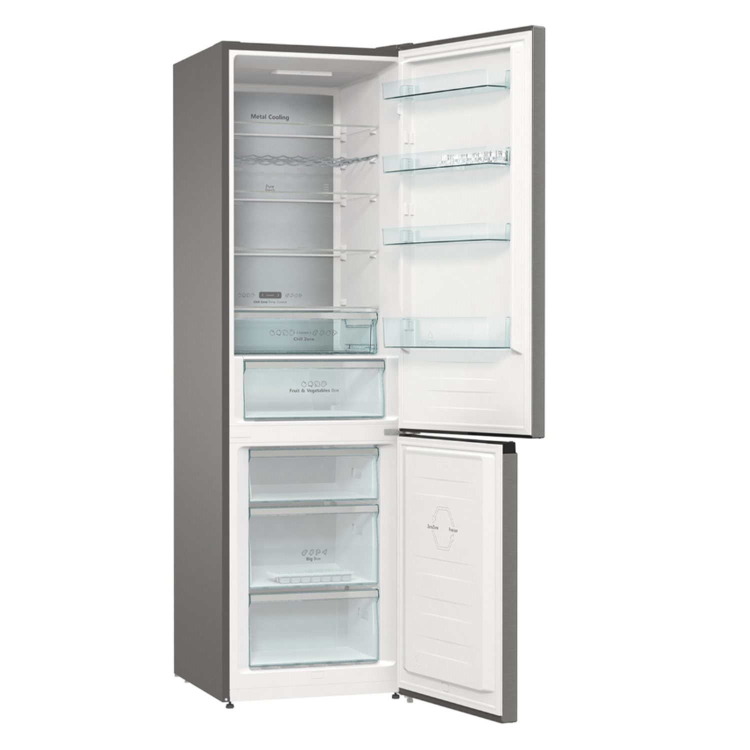 Un refrigerador con las puertas abiertas, mostrando estantes, cajones y componentes internos.