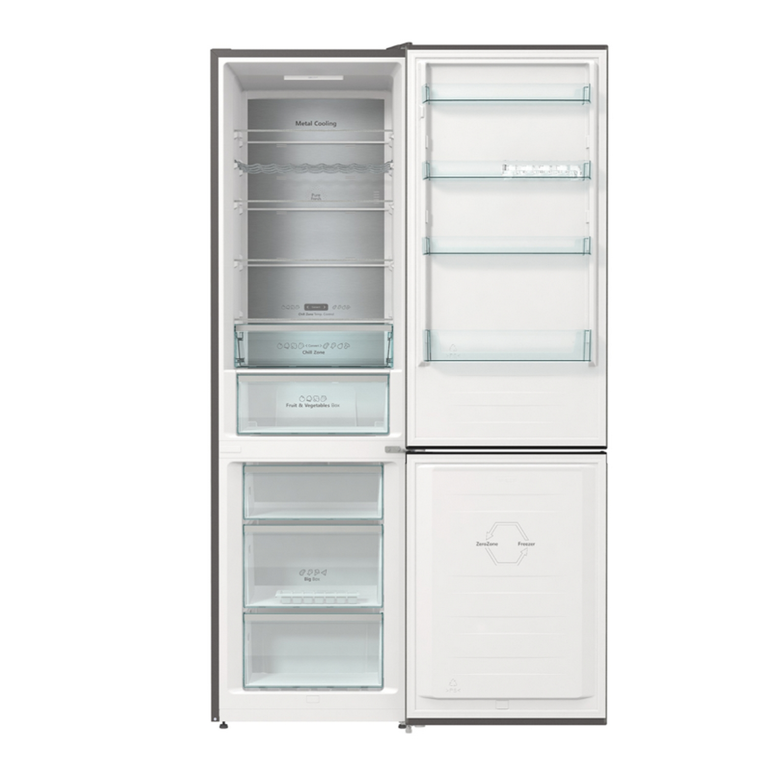 Refrigerador abierto con estantes, cajones y un compartimento congelador, mostrando el interior.