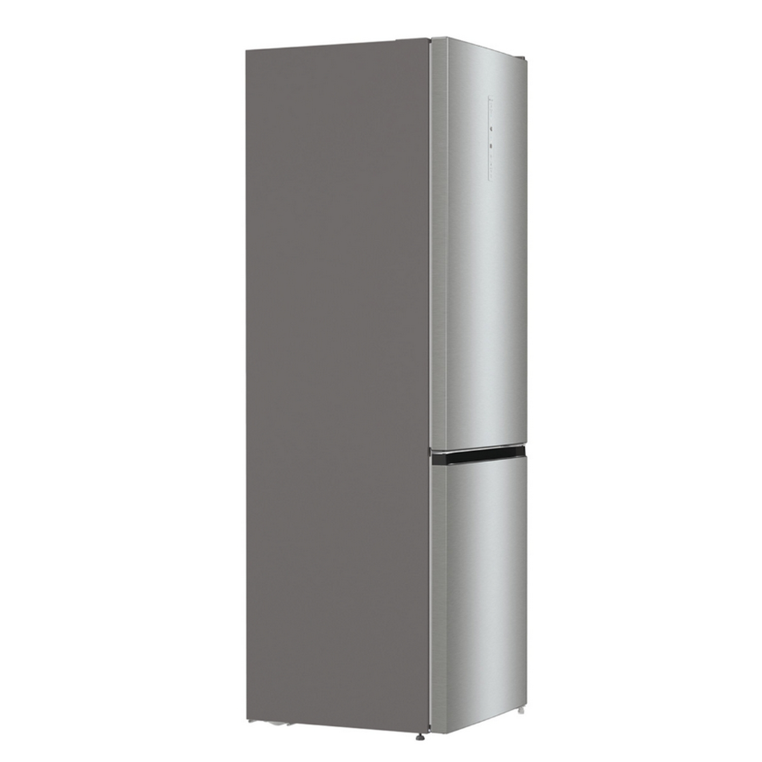 Un refrigerador plateado con una sección de congelador negra debajo. El refrigerador está cerrado y tiene una manija.