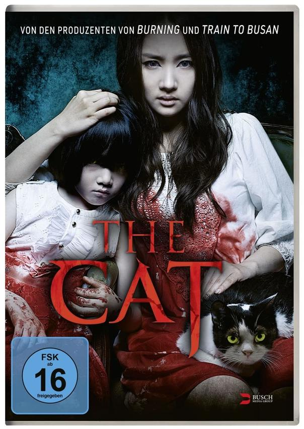 DVD-Cover für 'The Cat', mit zwei Frauen, einem Kind und einer Katze. Blut sichtbar.