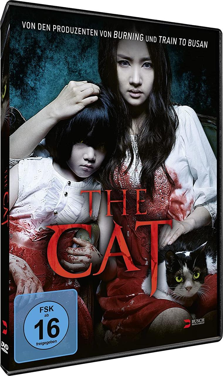 Ein DVD-Cover für 'The Cat' mit einer Frau, einem Kind und einer Katze, Text und Logo.
