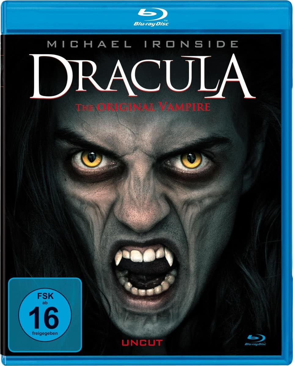Dracula Filmcover mit Michael Ironside. Titel und Gesicht sind sichtbar. Blu-ray Disc oben rechts.