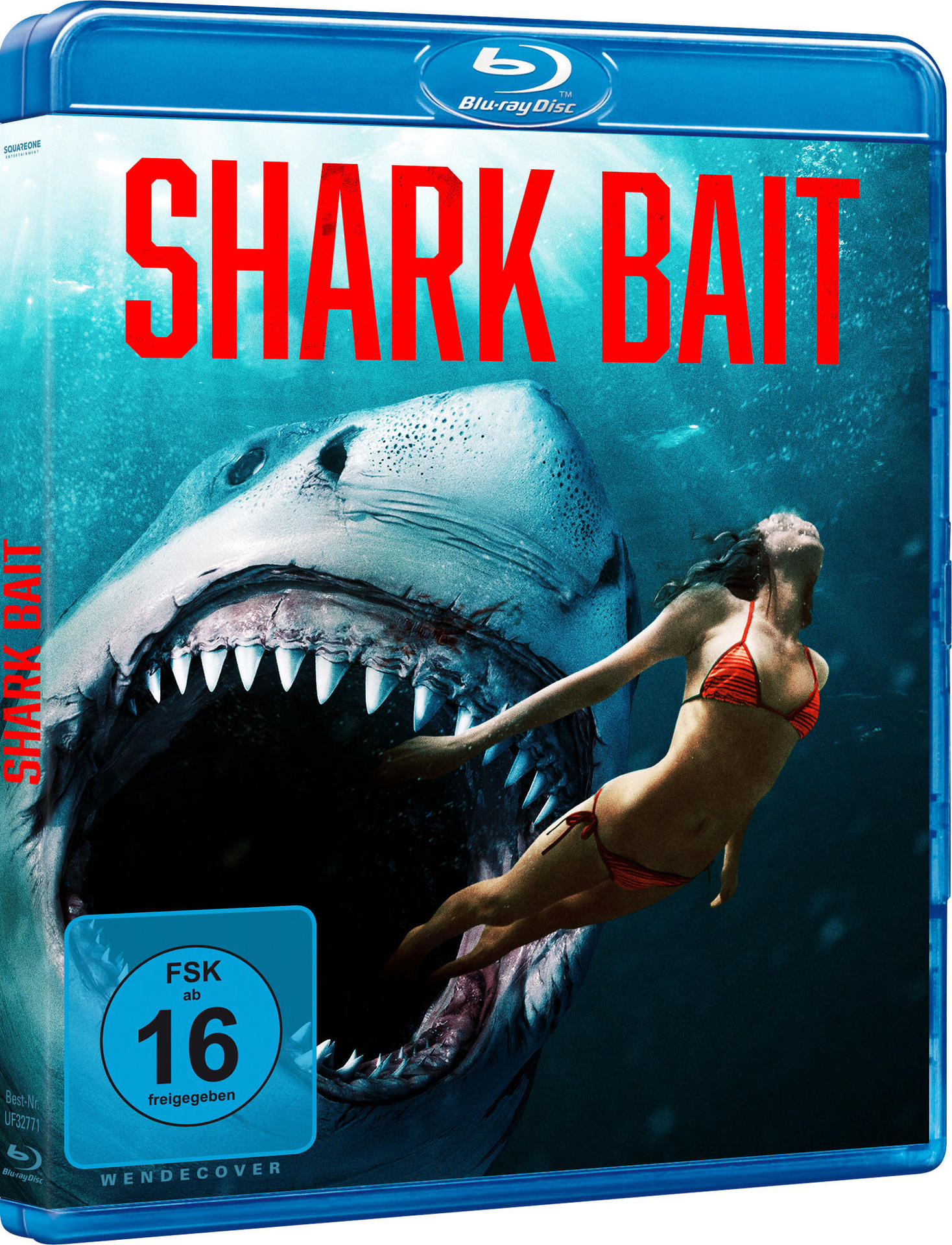 Blu-ray-Hülle mit dem Titel 'SHARK BAIT'. Eine Frau im Bikini wird von einem Hai angegriffen.