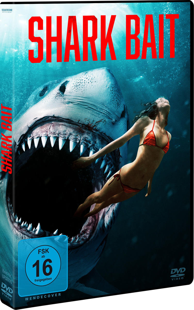 DVD-Cover: 'Shark Bait'. Eine Frau schwimmt auf das offene Maul eines Hais zu. Dunkle Meeresumgebung.