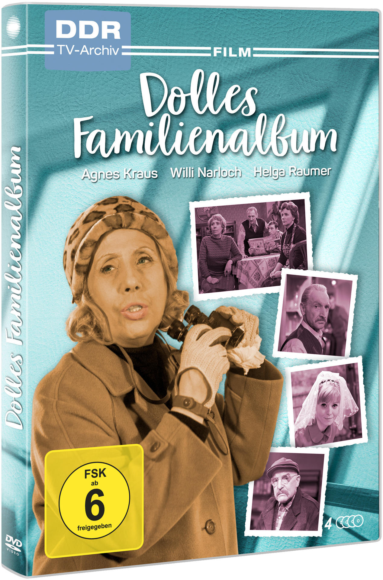 DVD-Cover von 'Dolles Familienalbum' mit einer älteren Frau, Fotos und Text. Blauer Hintergrund.