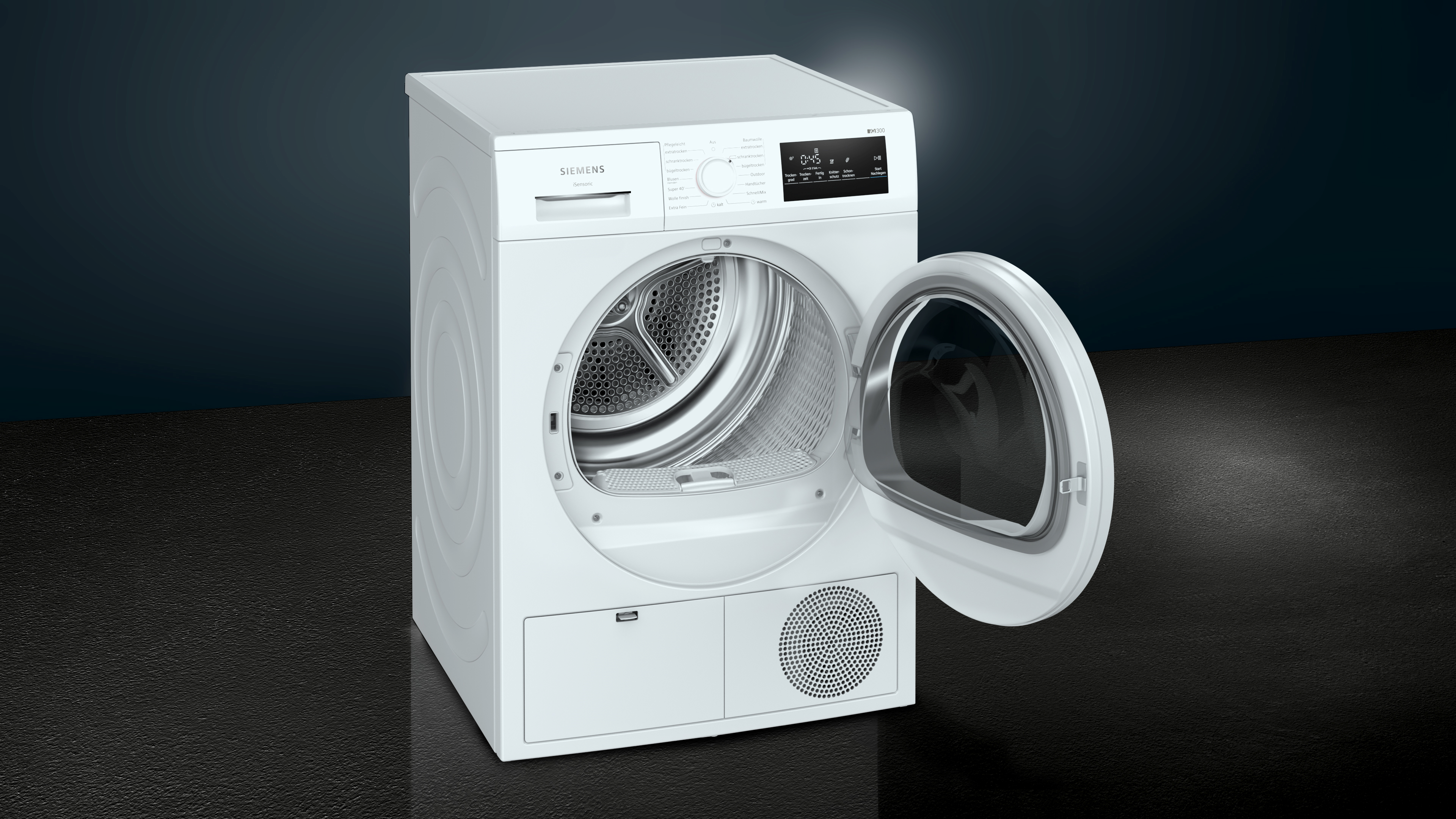 Weißer Siemens-Trockner mit offener Tür. Display sichtbar. Trommel sichtbar. Hintergrund ist dunkelblau.
