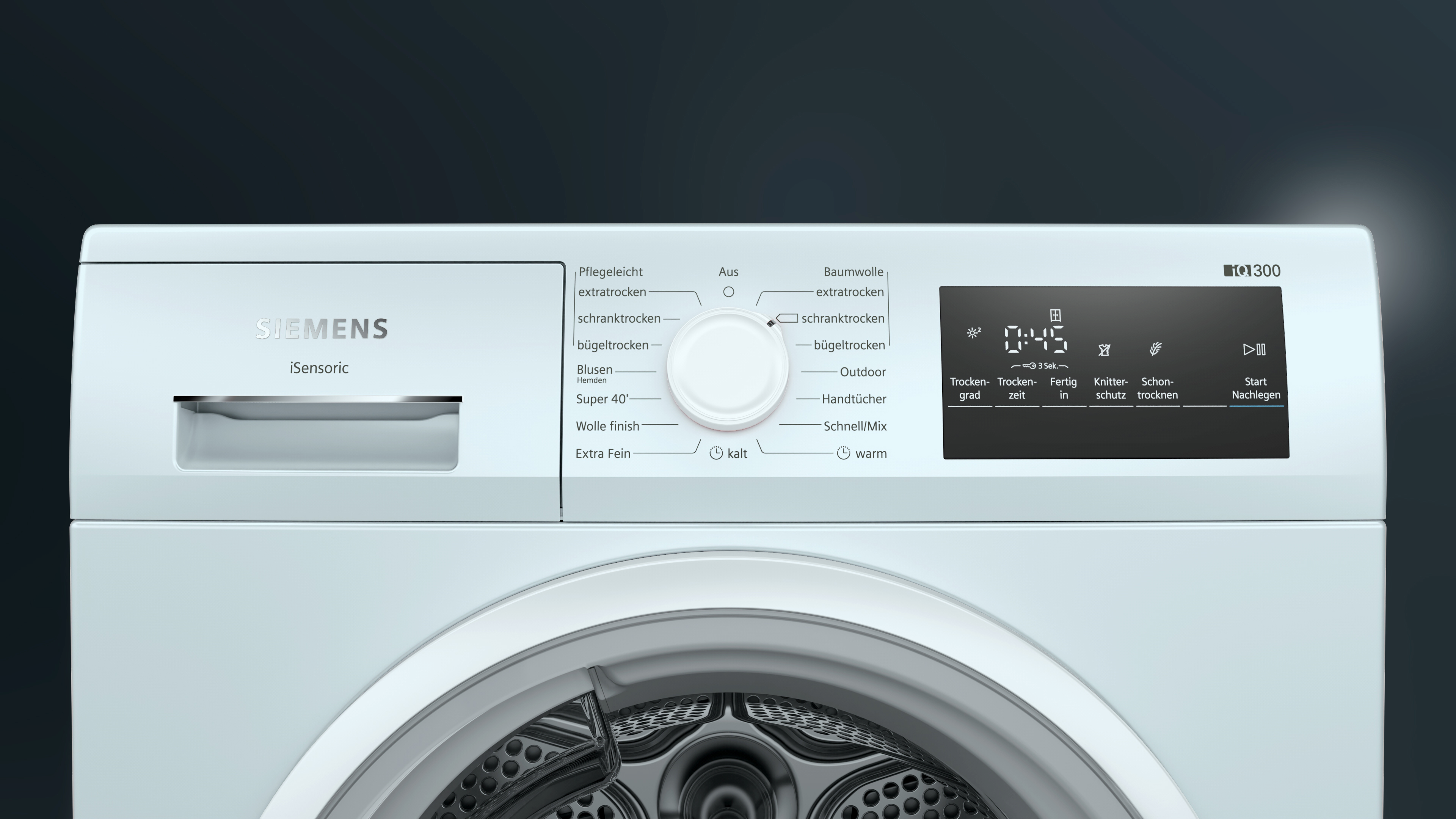 Weißes Waschmaschinen-Bedienfeld mit Text und Digitalanzeige. Weißer Hintergrund.
