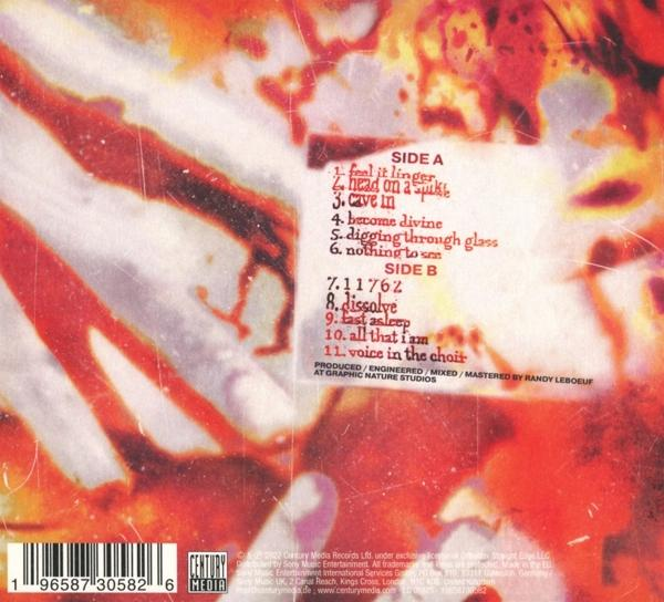 Albumcover mit Titelliste und abstraktem Hintergrund. Rote und orange Farbtöne mit weißem Text.