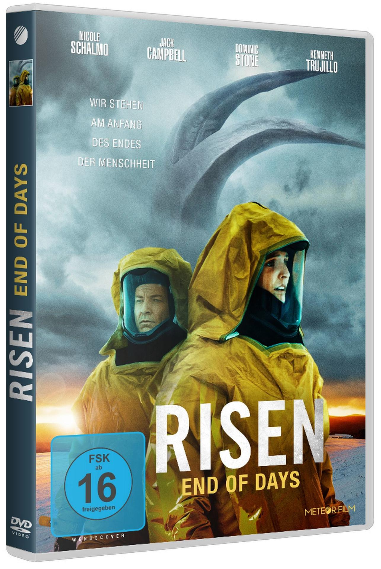 DVD-Hülle des Films 'Risen: End of Days' mit Schauspielern in Schutzkleidung.