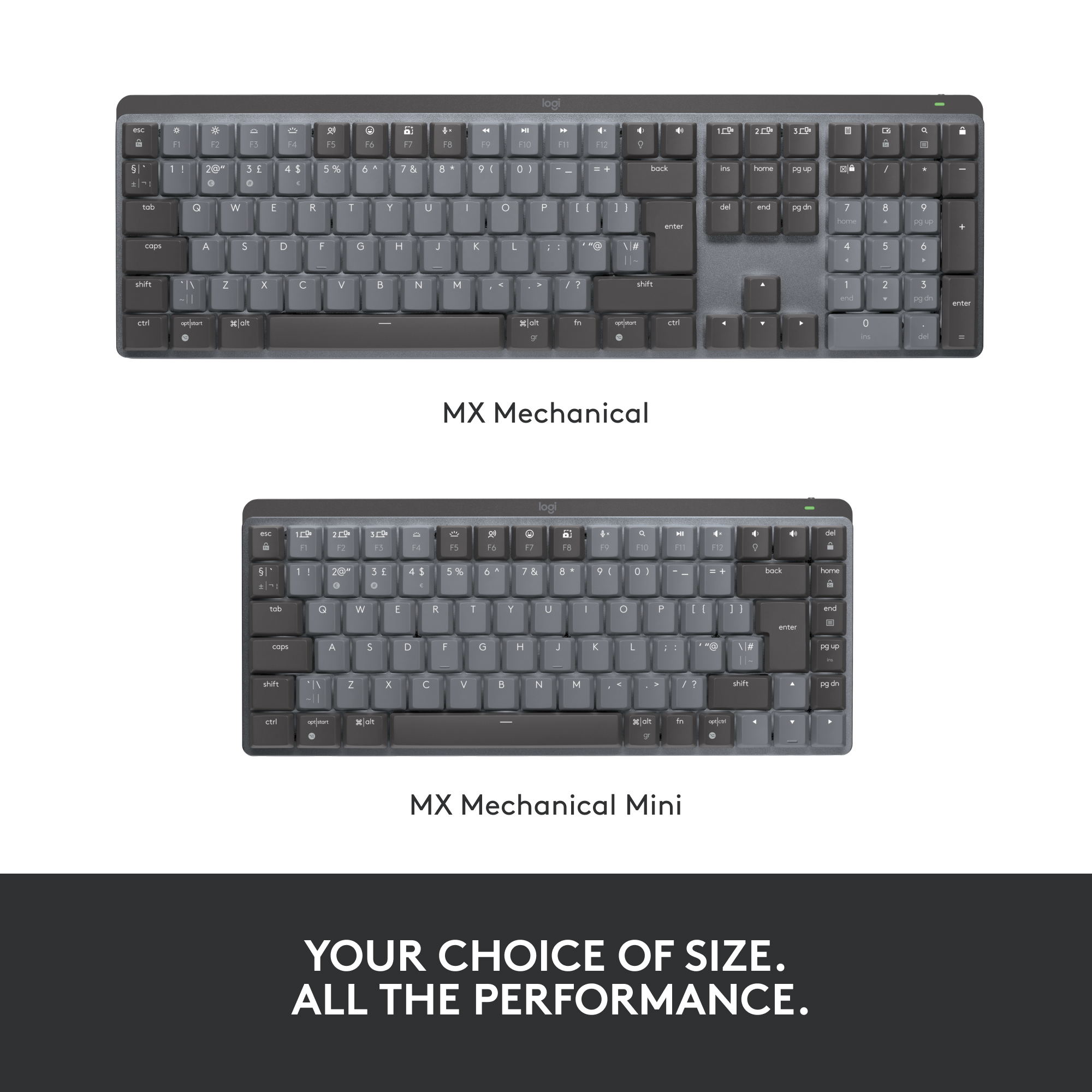 Zwei graue Tastaturen mit der Bezeichnung 'MX Mechanical' und 'MX Mechanical Mini' vor schwarzem Hintergrund.