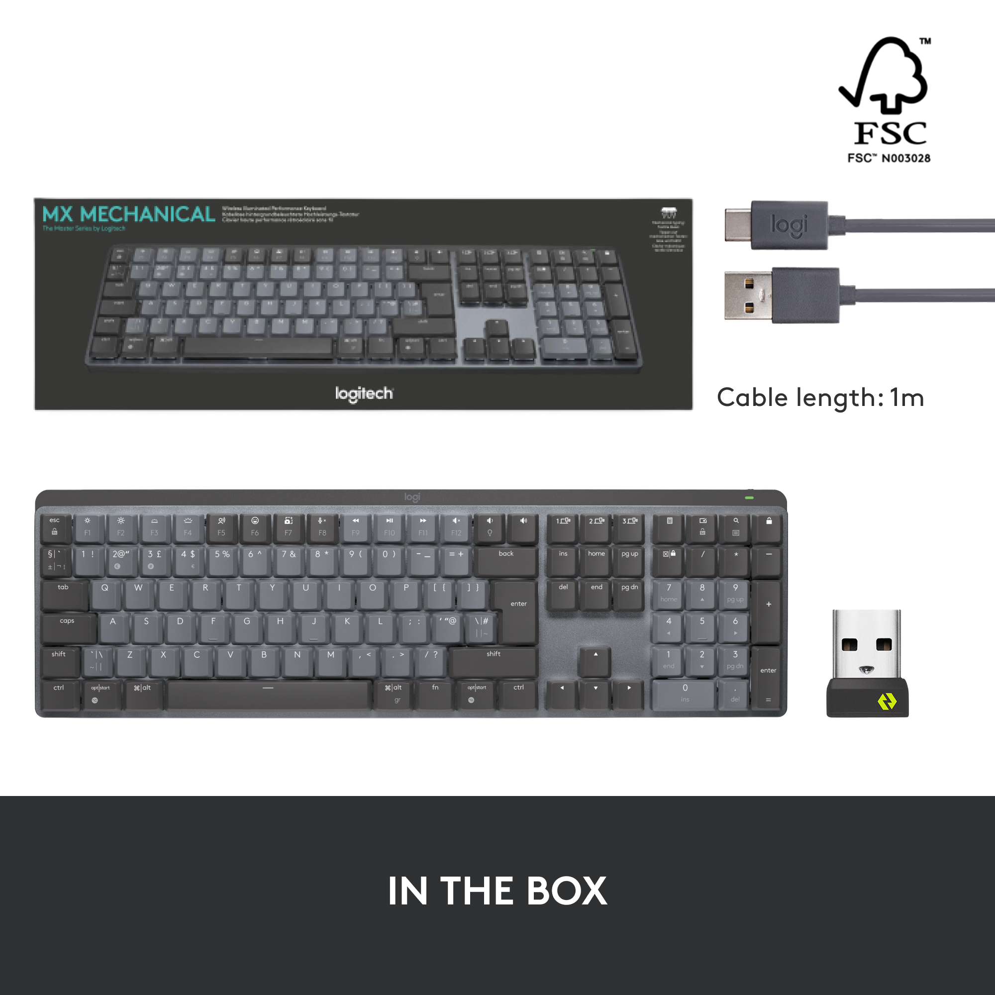 Logitech-Tastatur in einer Box, mit USB- und USB-C-Kabeln und einem Dongle.