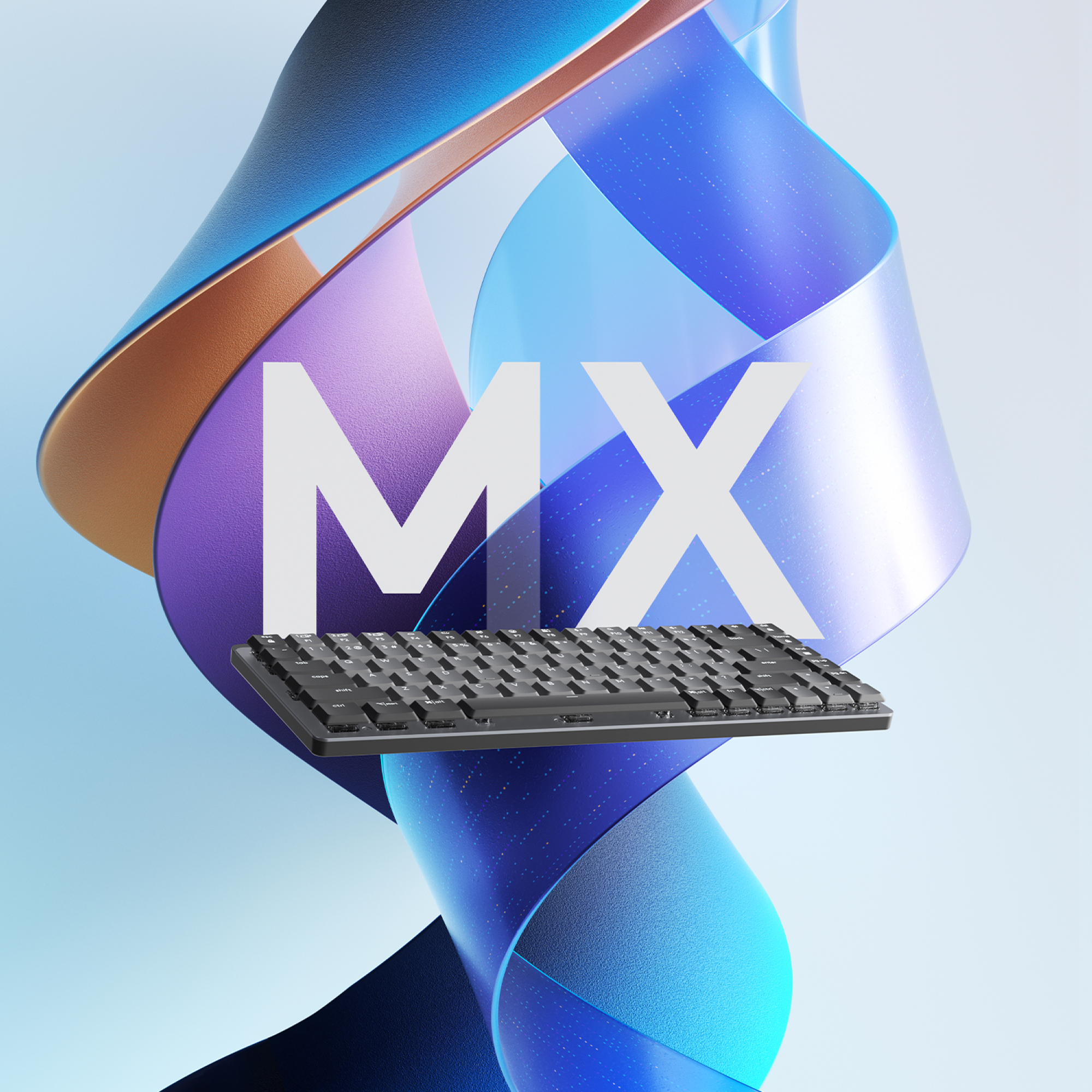 Clavier noir avec touches blanches, sous le mot "MX" en grandes lettres blanches. Fond bleu.