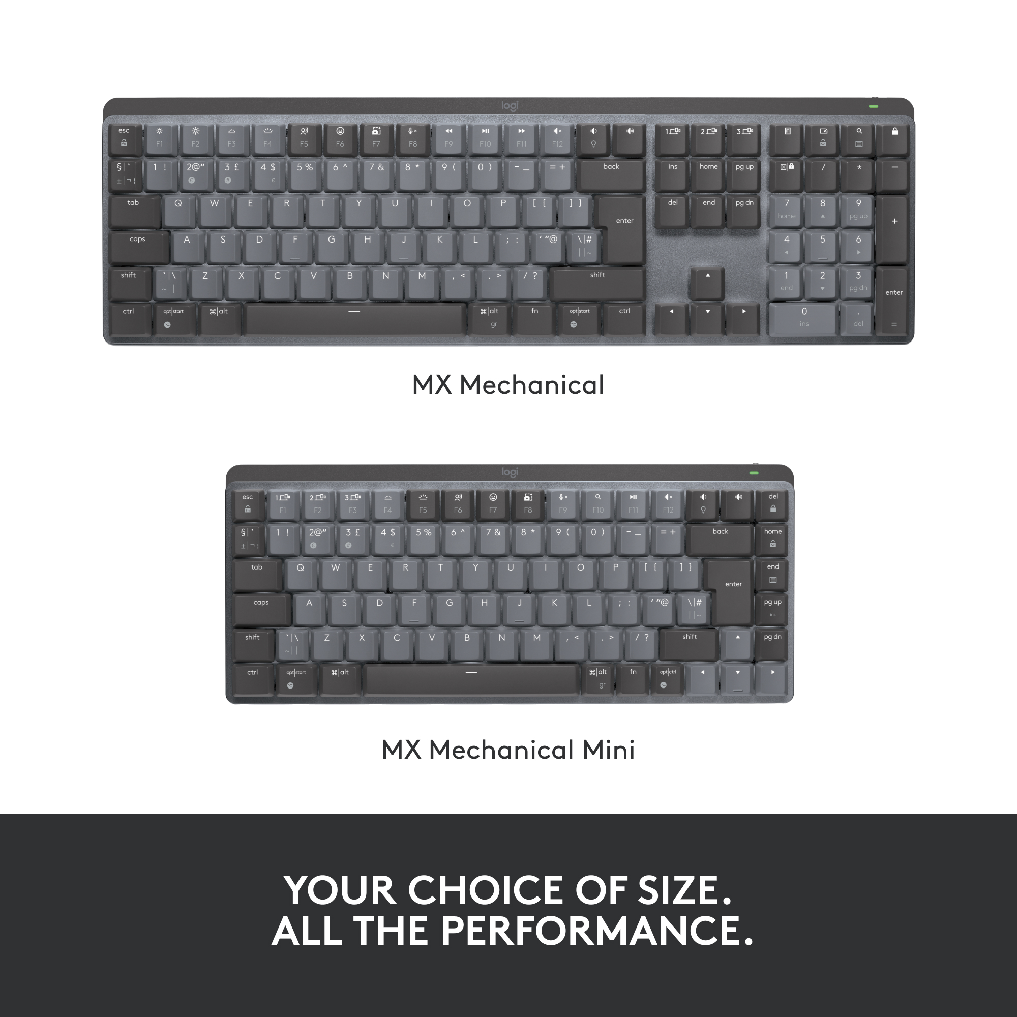 Deux claviers: 'MX Mechanical' et 'MX Mechanical Mini'. Touches gris foncé, fond blanc, texte noir.