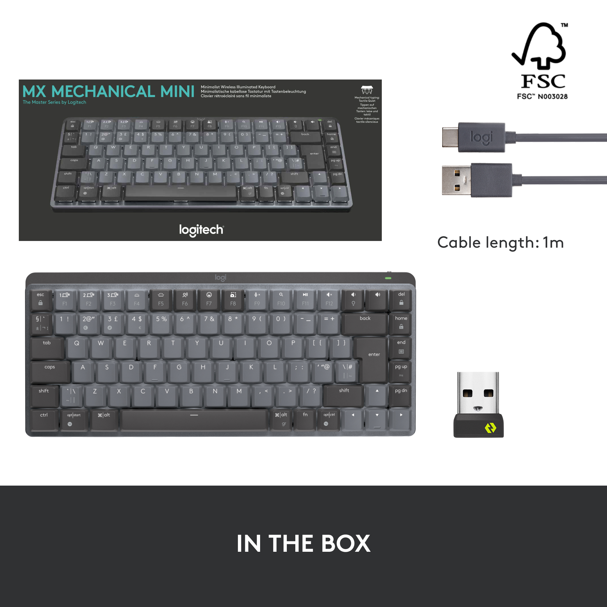 Un clavier Logitech MX Mechanical Mini et accessoires. Inclut un câble, un récepteur USB et la boîte du produit.