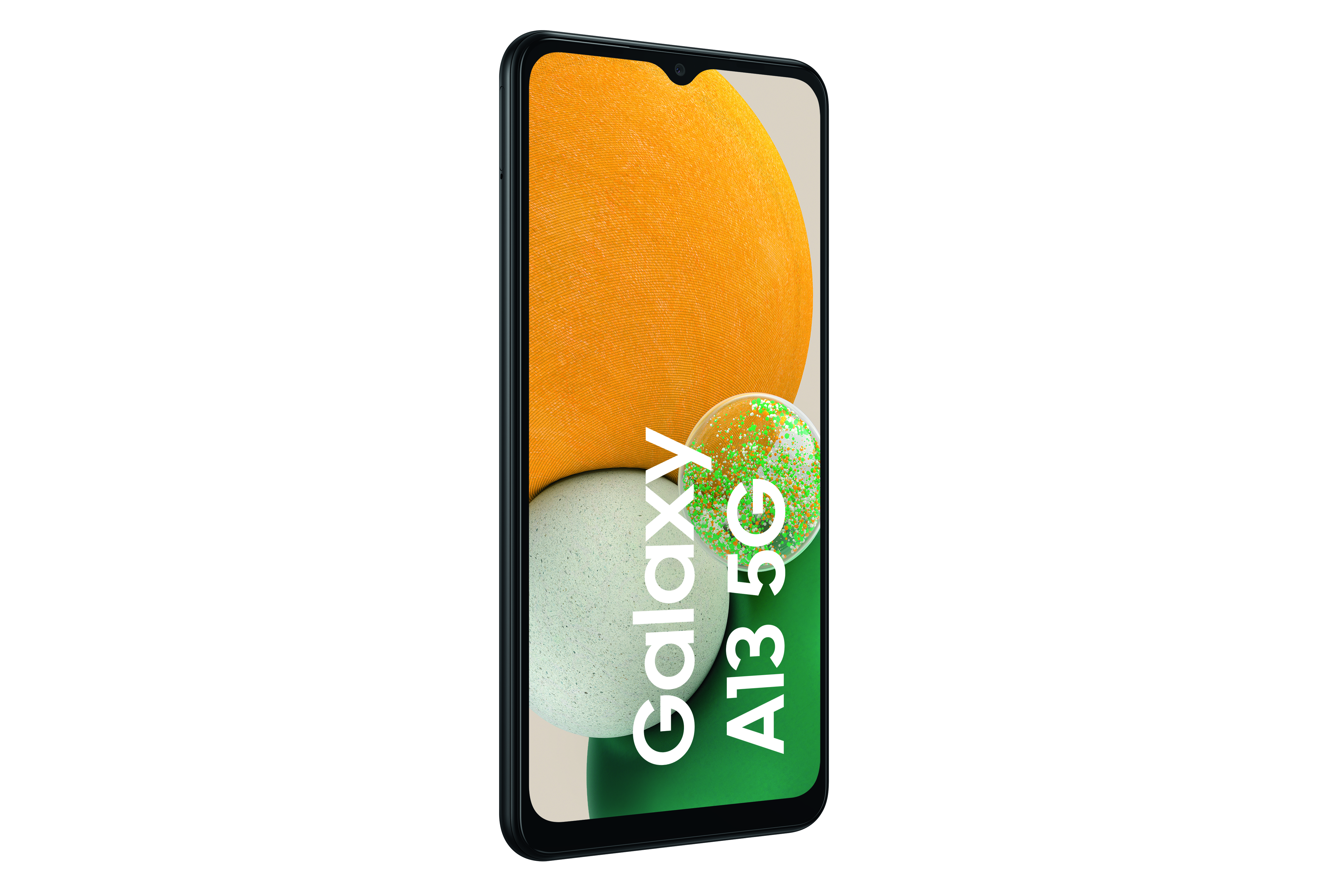 Ein Samsung Galaxy A13 5G-Telefon auf weißem Hintergrund. Das Telefon hat einen großen Bildschirm.