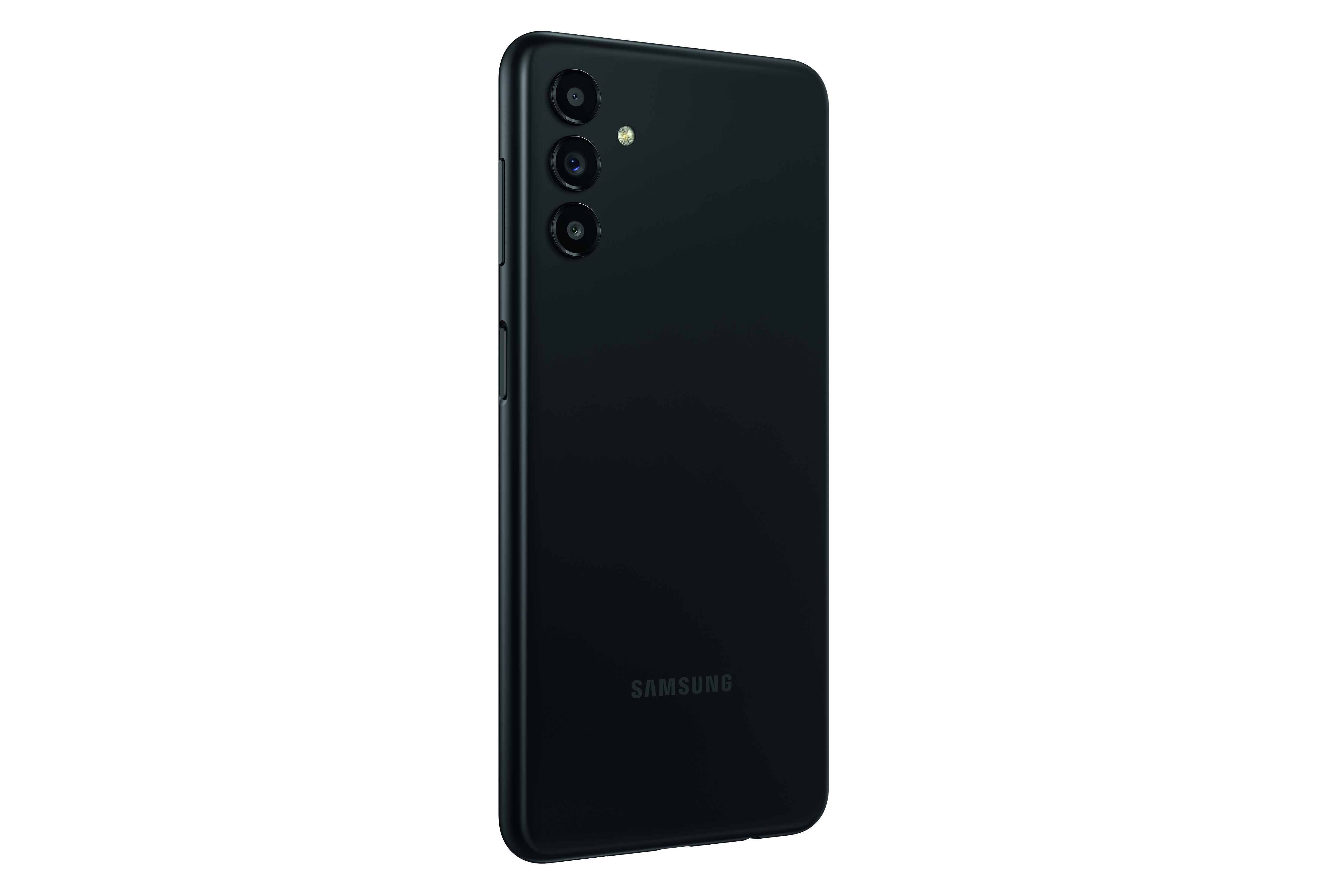 Schwarzes Samsung-Handy, drei Rückkameras, Samsung-Logo.
