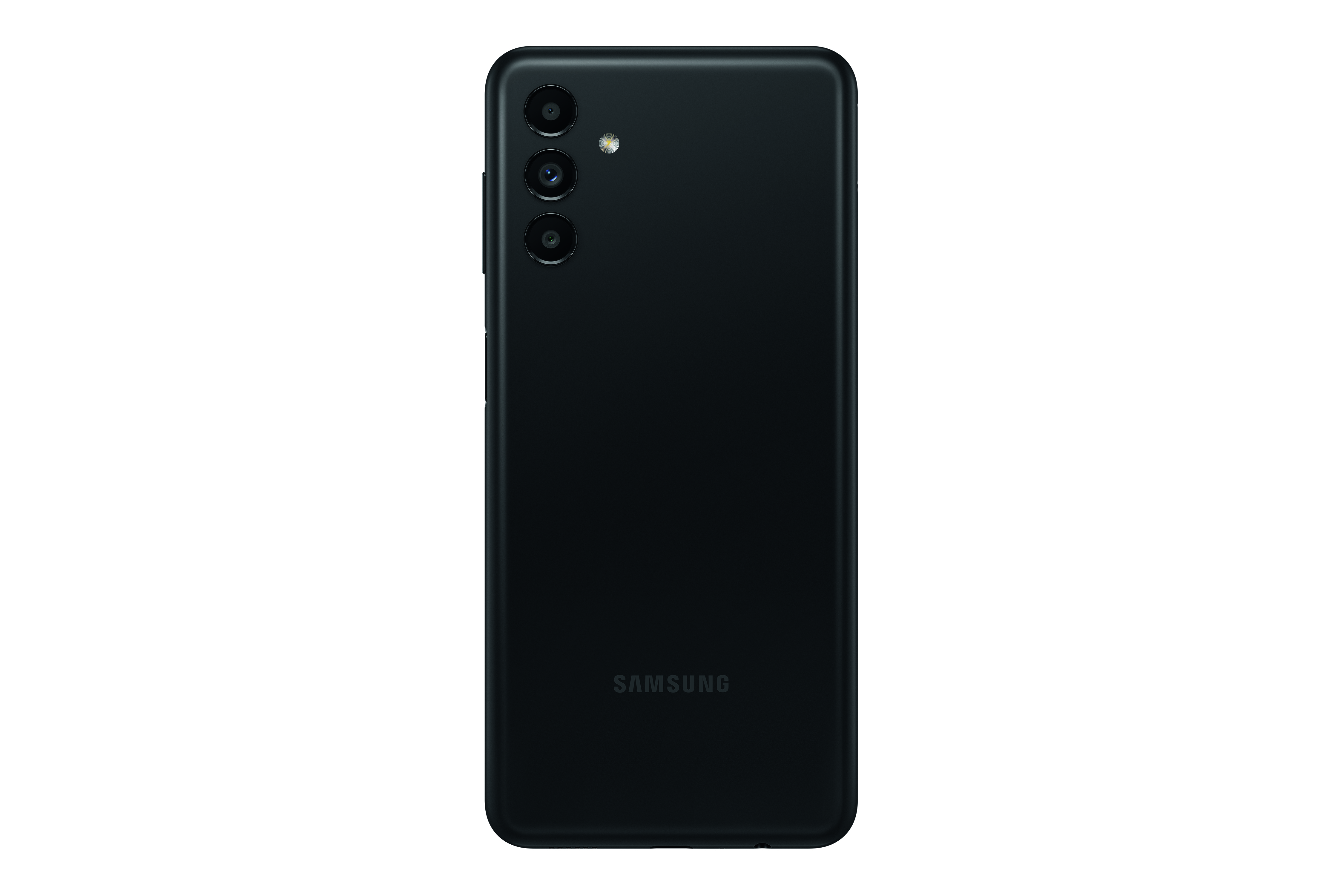 Rückseite eines schwarzen Smartphones mit Dreifachkameras und dem 'SAMSUNG'-Logo.