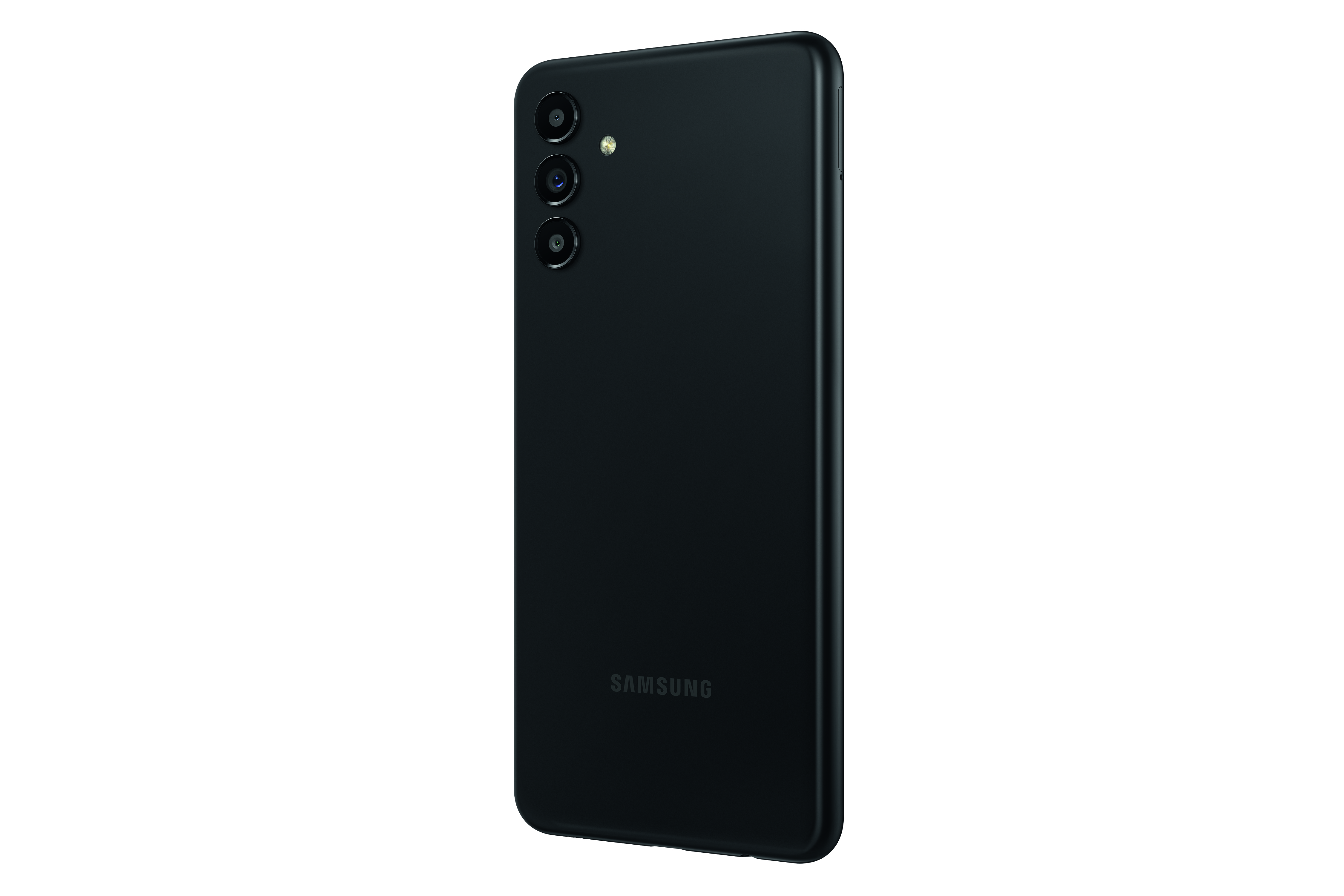 Ein schwarzes Samsung-Telefon, das die Rückseite mit drei Kameras und dem SAMSUNG-Logo zeigt.